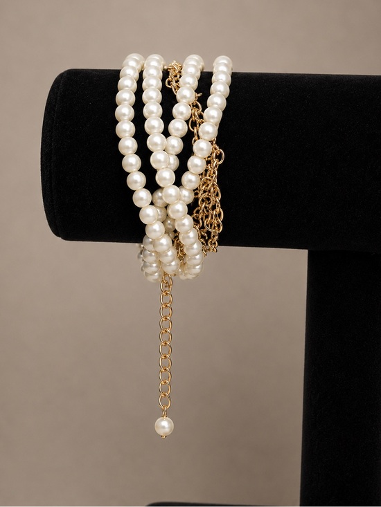 Jewelry - Vintage Triple Strand Faux Pearl Bracelet Gold Tone Chain Adjustable 8 W/ 2” Ext